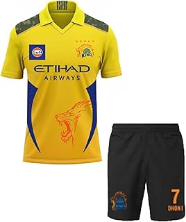 CSK ms Dhoni 7 Official chennai Cricket Team Jersey with Black Shorts 2024 for B