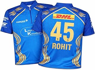 Mumbai Indians Rohit #45 IPL Cricket Jersey, Blue and Gold, Half Zip Collar